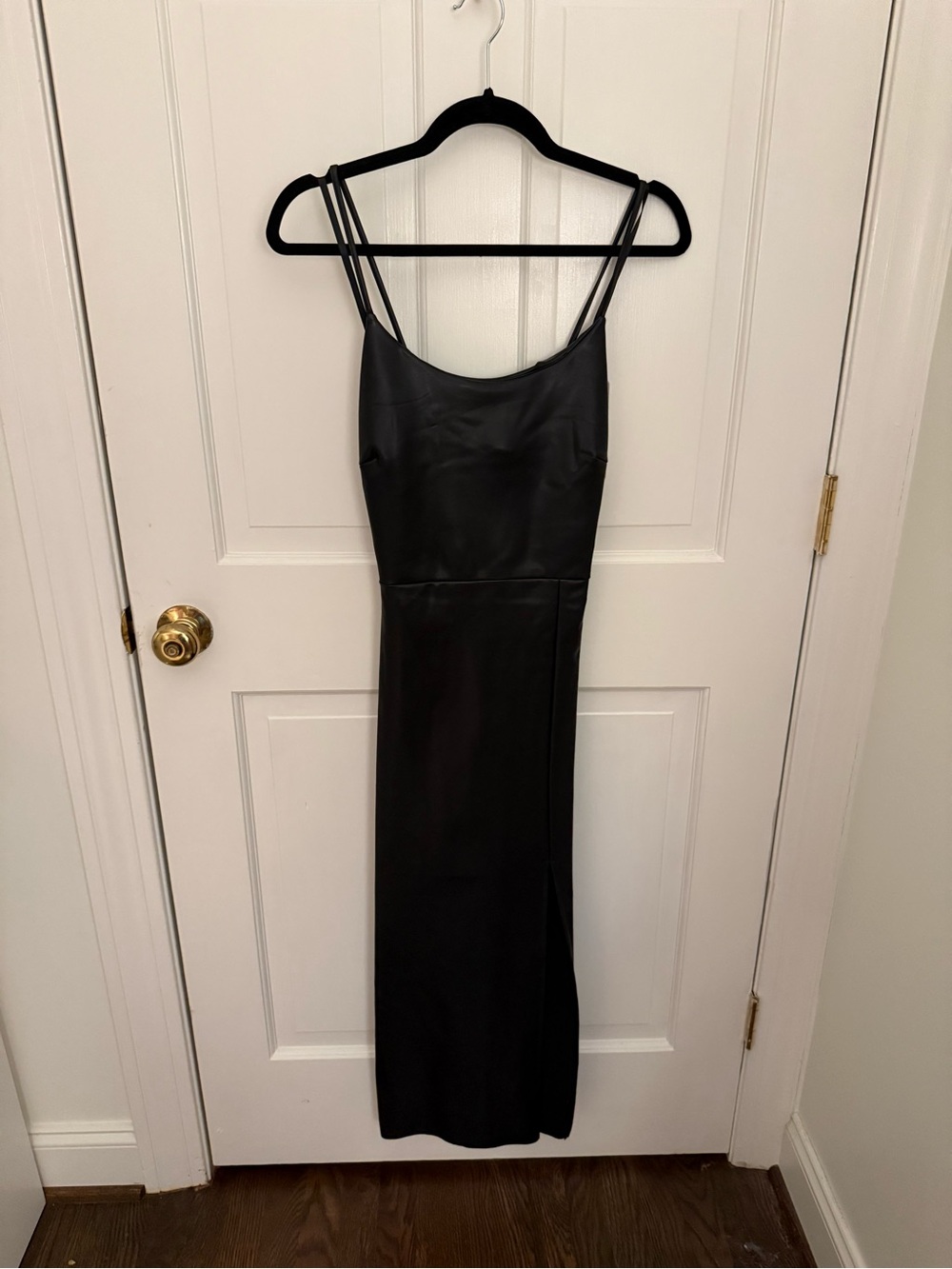 Black Faux Leather Maxi Slip Dress with slit